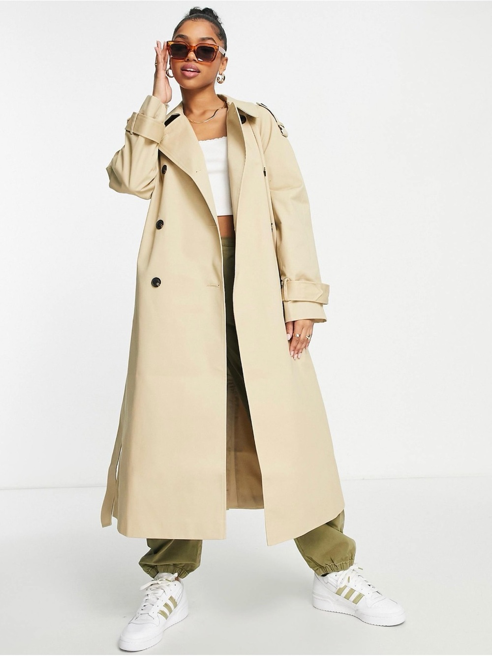 ASOS Beige Double-Breasted Long Trench Coat